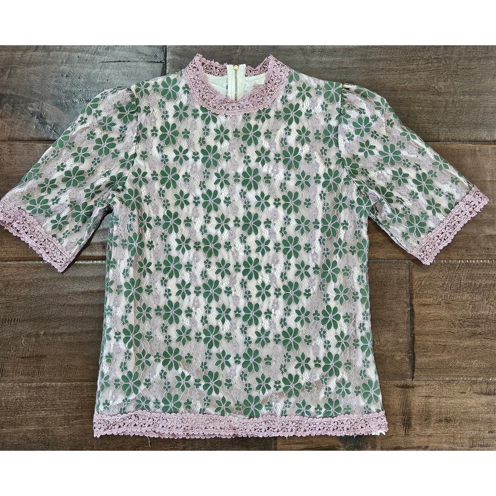 Y2K Cottagecore Bohochic Romatic Dusty Pink Lace BOLD Green Floral Blouse Size M